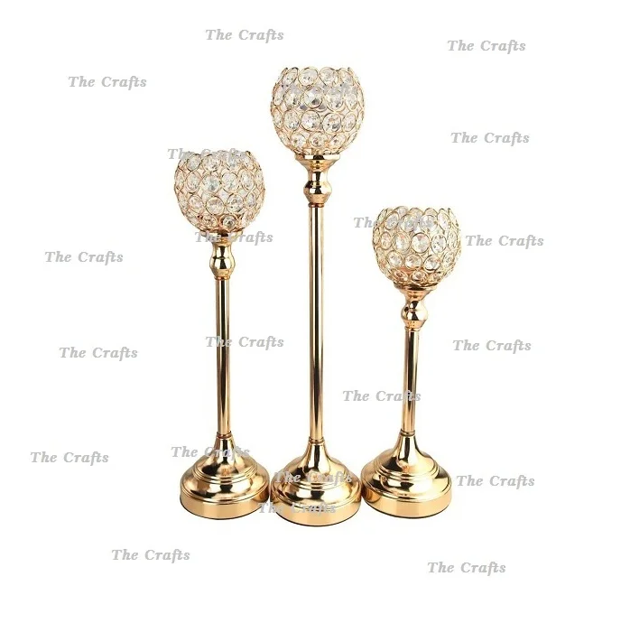 Подсвечник золотого цвета из металла и кристаллов набор канделябров трех разных размеров для свадебного использования
