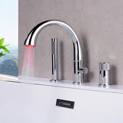 Modern Single Lever LED Deck Mount Brass Bathroom Bath Mixer Tap Standing Bathtub Faucet Set