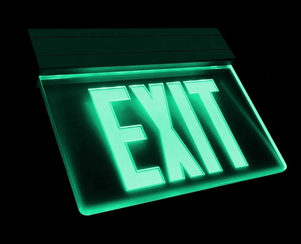 Edge Lit Brushed Aluminum Clear Emergency Exit Sign with backup rechargeable battery