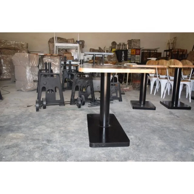 Antique-Style Industrial Restaurant Dining Table with Steel and Oak Wood Base for Hotels Office Jodhpur Home Kitchen Furniture