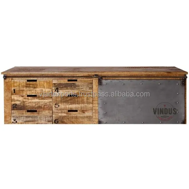 decorative high quality material by best manufacturer solid mango wood & iron metal Sliding door TV Cabinet stand