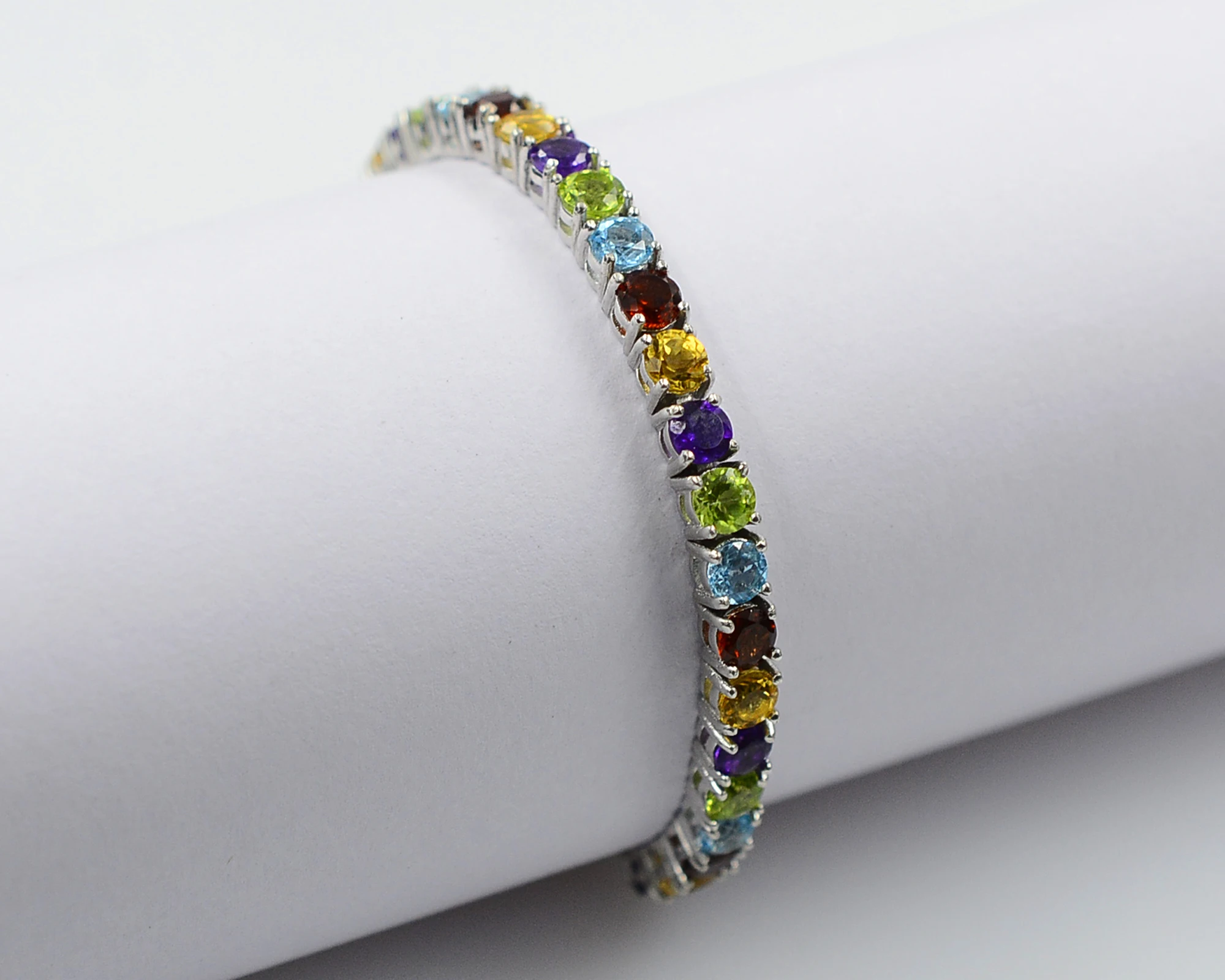 Top Quality Natural Multi Stone 4 MM Round Shape Gemstone 925 Solid Silver Women Bolo Tie Tennis Bracelet By Indian Manufacturer