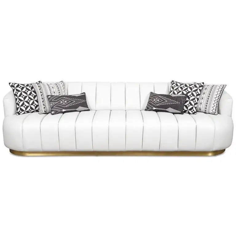 Modern Pearl White Faux Leather Metal Brass Leg Sofa