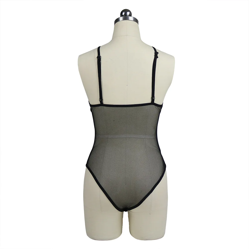 Deep-V Lace Belt Teddy Mesh Sheer Babydoll Embroidery Bodysuit Lingerie