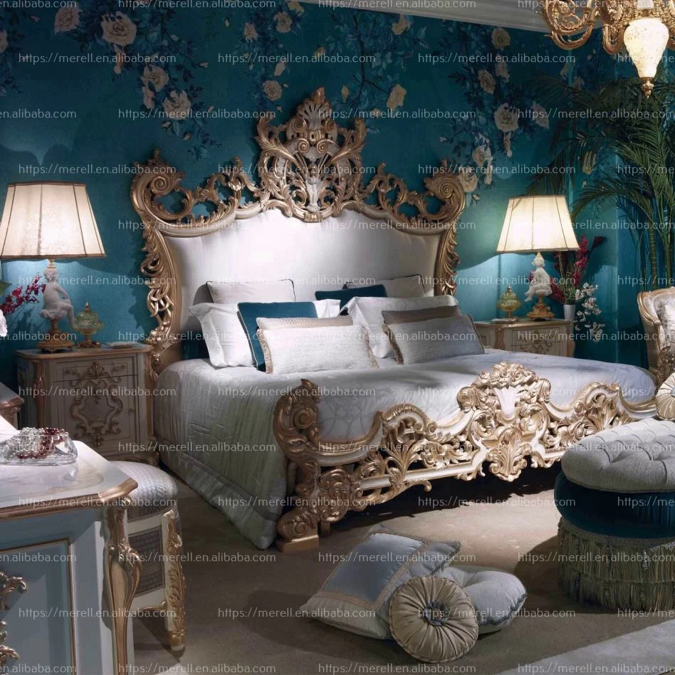 Royal style elegant classic bedroom furniture set solid wood beds