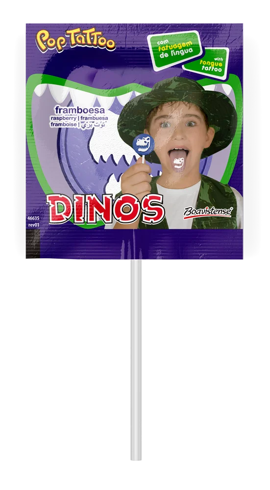 
66050 - Pop Tattoo Dinossauros Raspberry Flat Lollipop Tongue Tattoo 8g 32x50un 