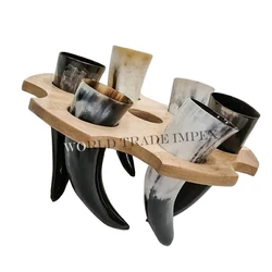 Best selling father day gift item 6 drinking horn set with wooden rack