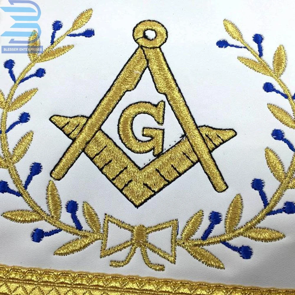 Bullion Hand Embroidery Masonic Regalia Blue Lodge Master G Mason Gold Machine Embroidery Apron With Fringe