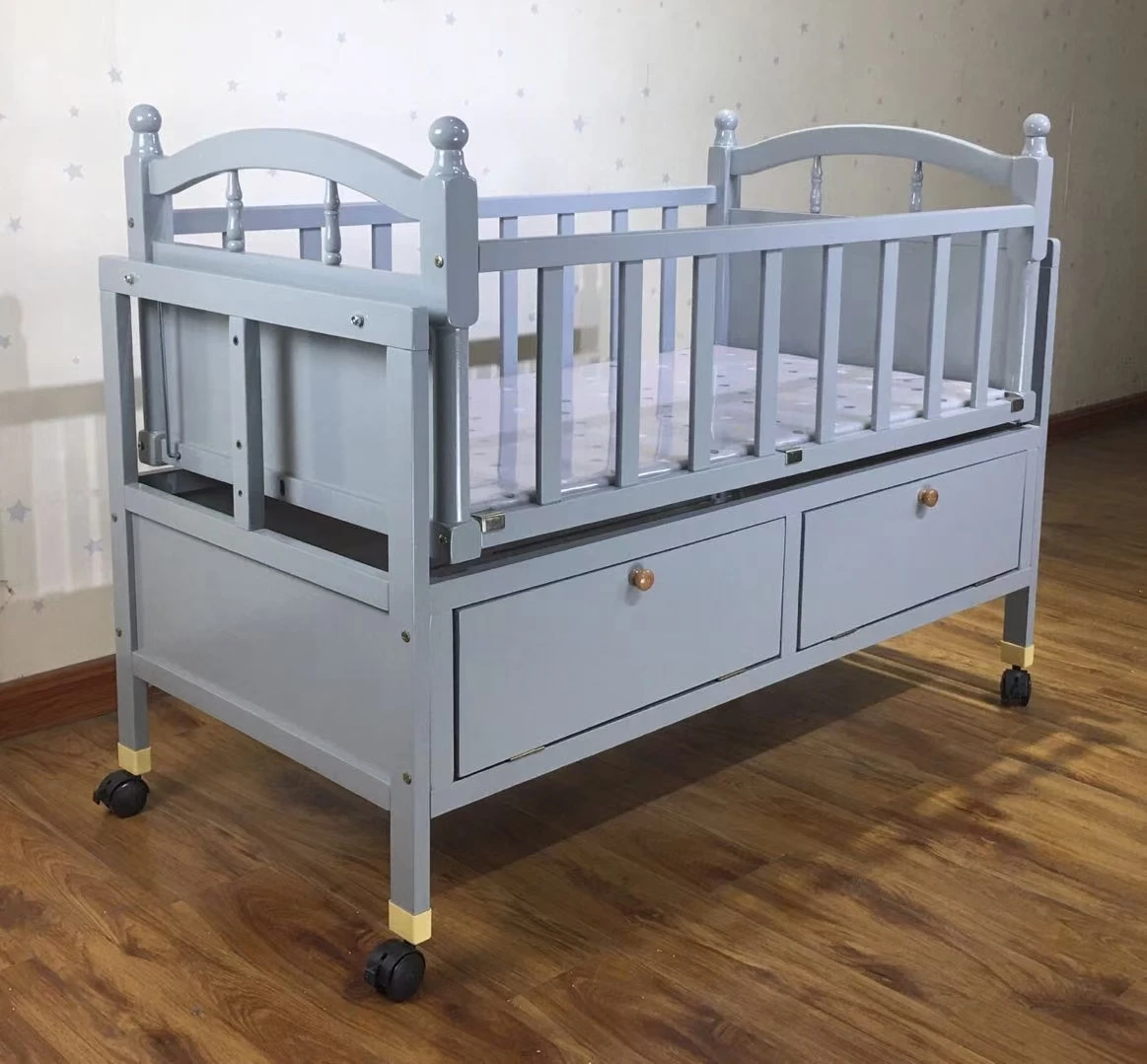 Wooden Baby Crib, Kids Cot with Wheels Drawers, Toddler Bed