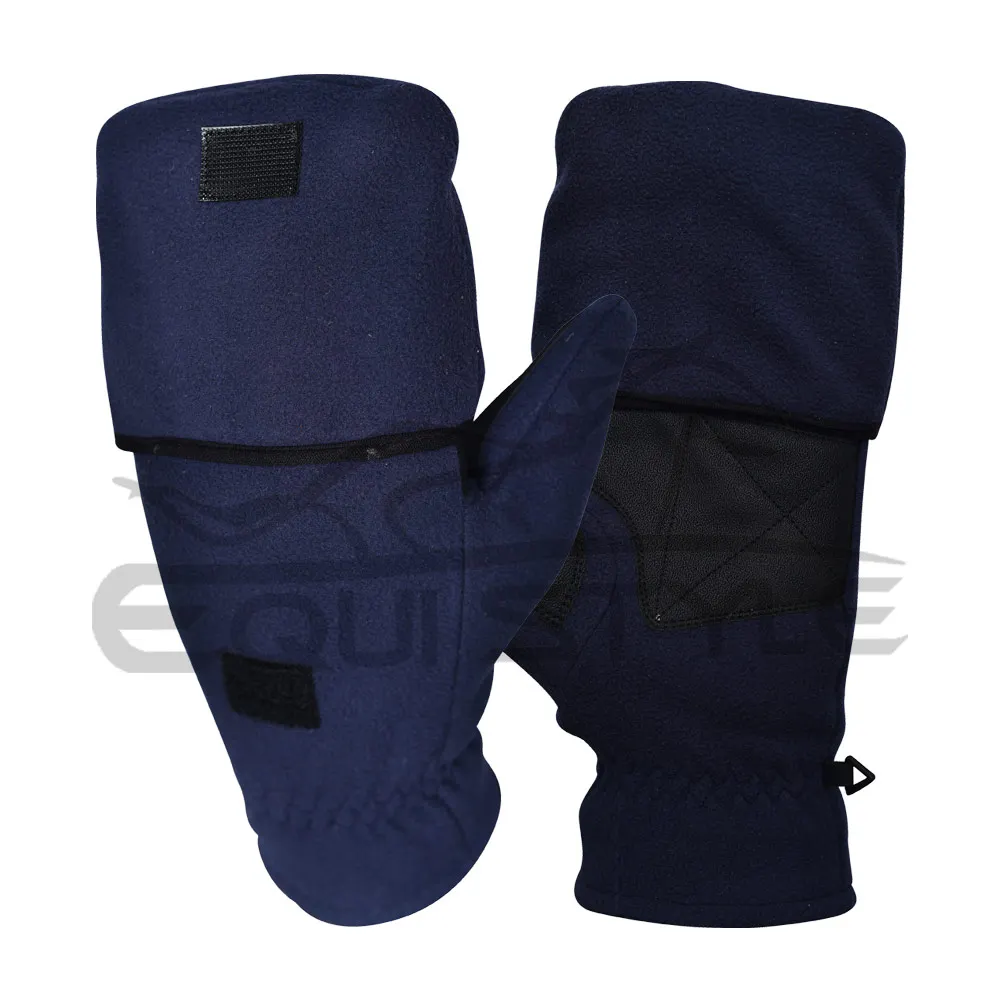 Kepsey Warm Flip Top Gloves Blue Polyester Fleece Black Leather Palm Half Finger Flip Top Hand Gloves For Outdoors Wholesale