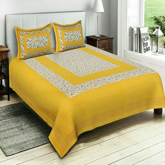 Indian Wholesaler of Export Quality Bed Sheet Yellow Color Floral Print Pure Cotton Double Bed Sheet with 2 Pillow Covers
