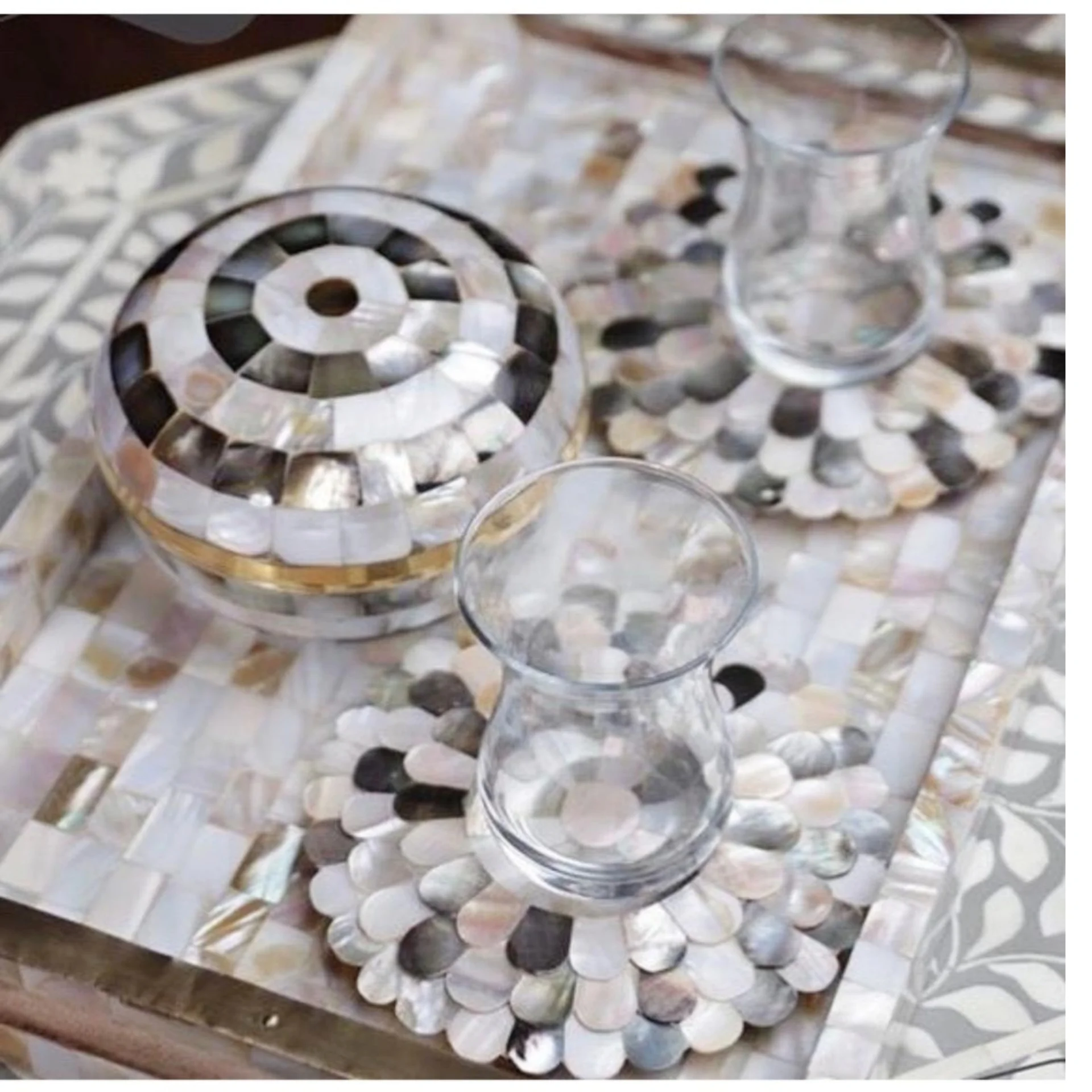 MOTHER OF PEARL INLAY WOOD CRAFT SERVING TRAYS MOTHER OF PEARL INLAY TEA PLATES GIFT FOR RAMADAN OR EID