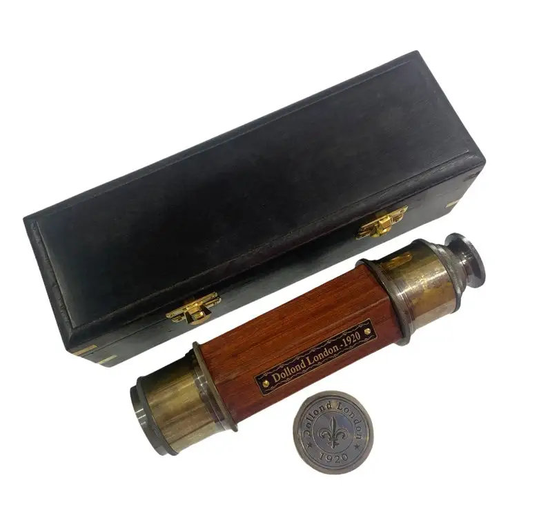 Nautical Telescope, Marine Brass & Leather Pirate Telescope, Spyglass Hexagon Shape Telescope with Wooden Box Telescope
