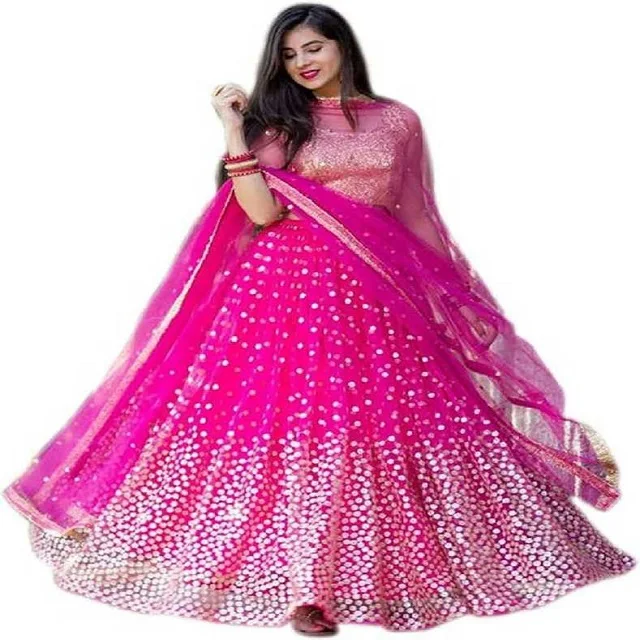 NET CRAPE EMBELLISHED SEMI STITCHED LEHENGA CHOLI (PINK) BY OMVAGMINE