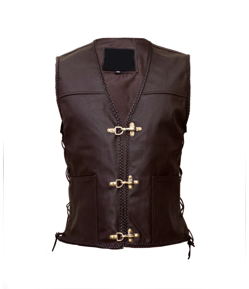 Мужской Байкерский жилет из натуральной кожи коричневый с плетеным рыбьим крючком и боковой шнуровкой