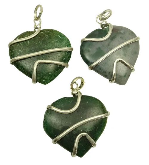 Wholesale green jade stone heart shape wire wrapped Necklace Pendant power pendant healing crystal stone