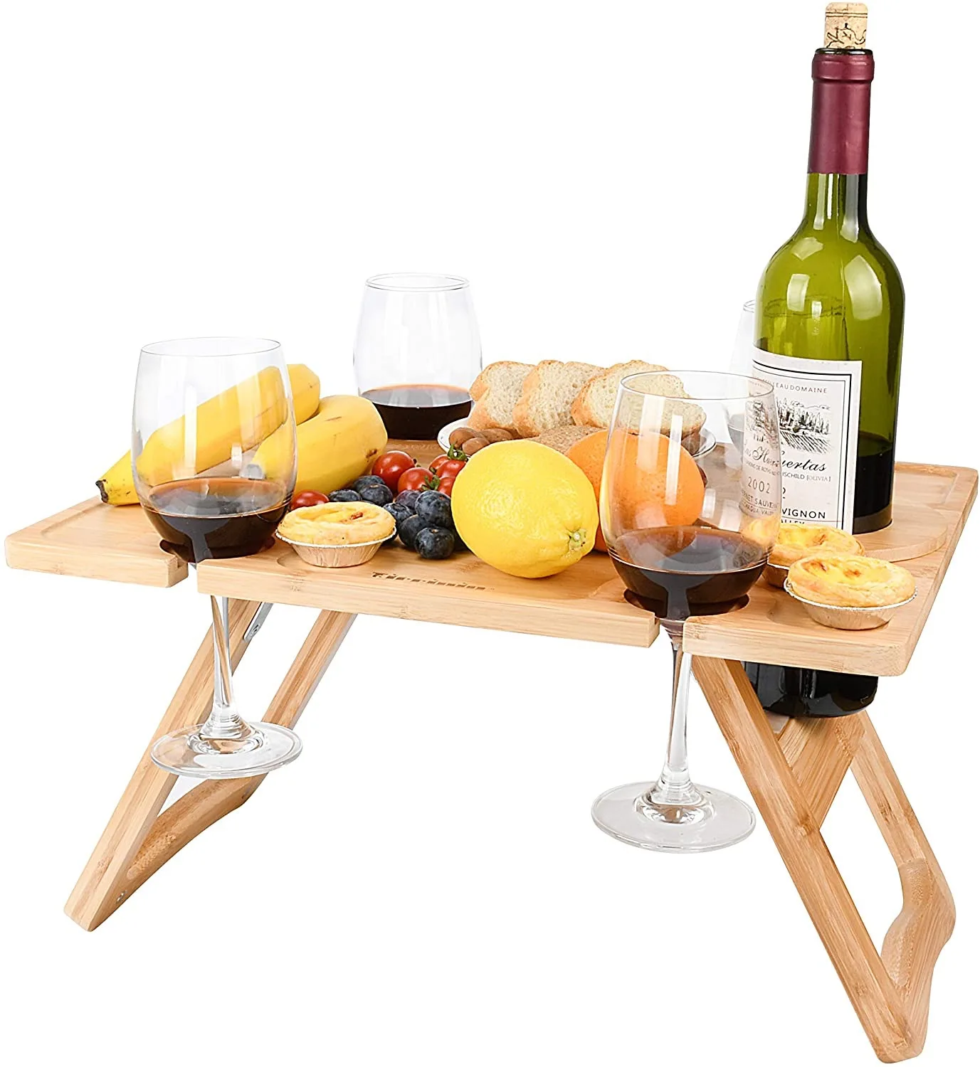 Natural Bamboo Wine Glass Holder Outside Outdoor Wine Table Wooden Foldable Beach Portable Tray Picnic Table