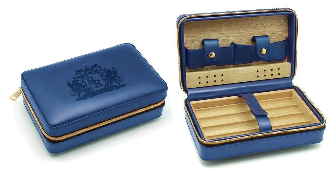 Baroque Royal Travel Cigar Humidor Portable Humidifier Box for Cigars Leatherette Cigar Case Spanish Cedar Wood Lining (Blue)