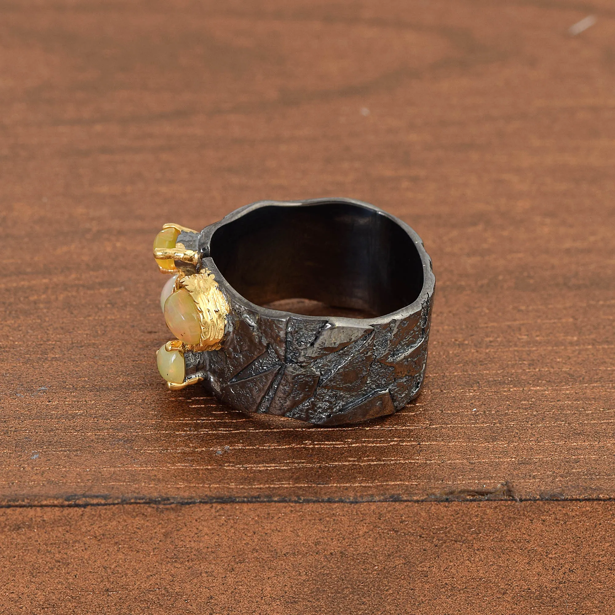 Ethiopian Opal Gemstone Yellow Gold Plated Ring Handmade 925 Sterling Silver Black Rhodium Wholesale Fine Jewelry For Women