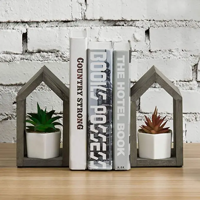 SINORHEMA Vintage Gray Wood and Black Metal Decorative House-Shaped Design Book Ends  Book File Magazine Solid Wood Bookstand