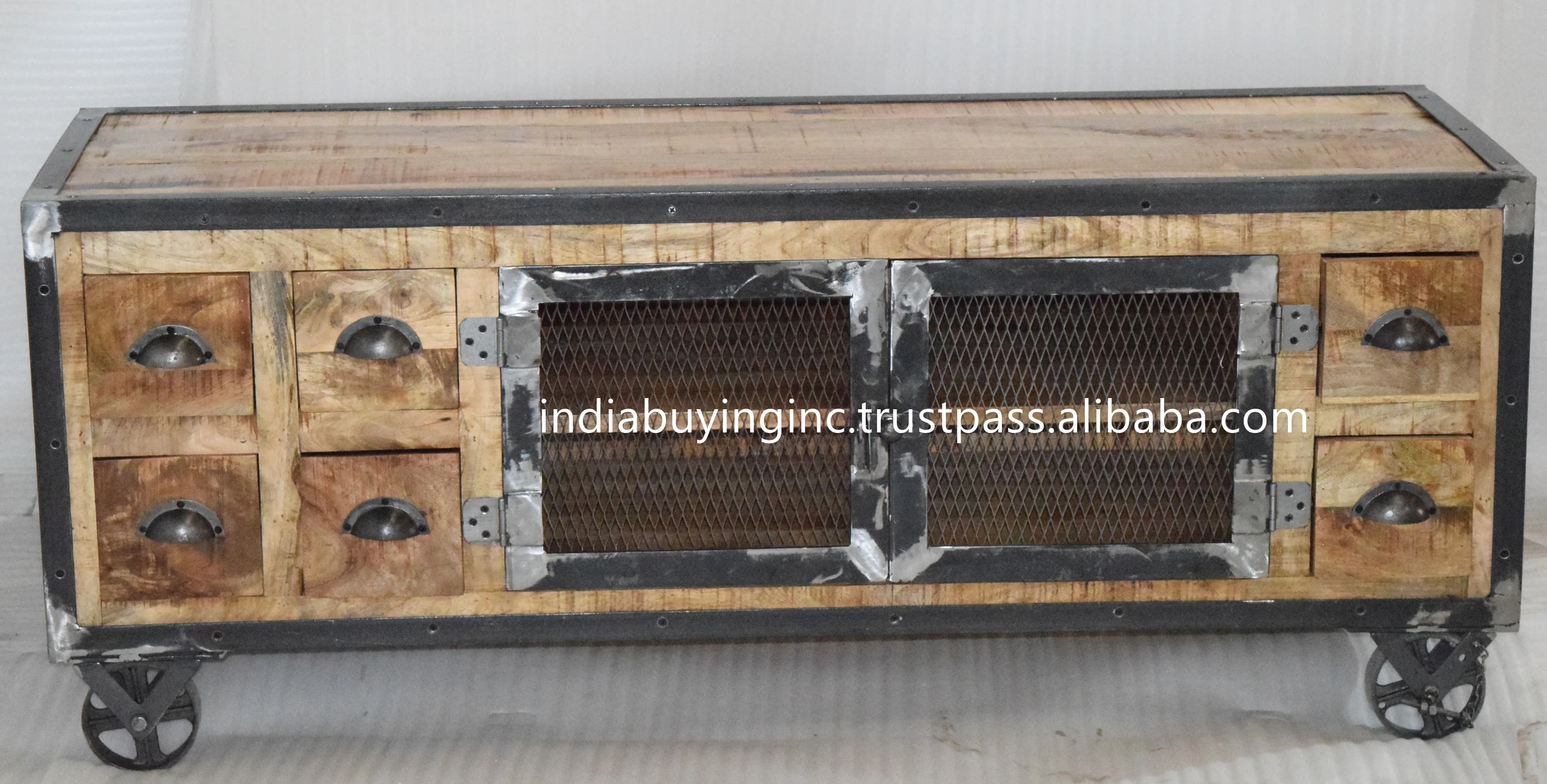 Superior Quality Indian Rough Mango Wood Vintage Design Handmade Industrial Look TV Low Board Movable Cabinet