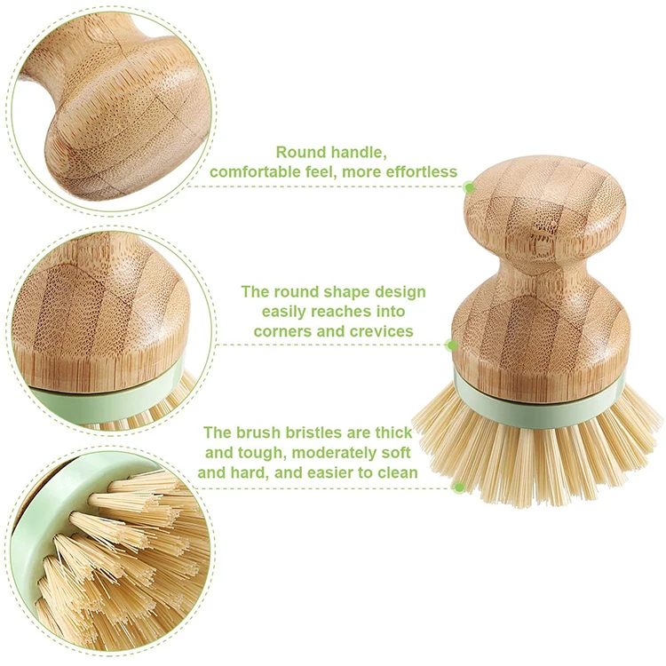 Household Cleaning Bamboo Mini Scrub Brush Coconut Bristles Pot Brushes Dish Scrubber for Kitchen Sink, Bathroom