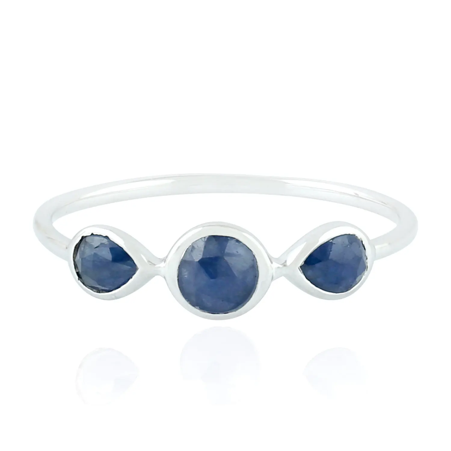 
Blue Sapphire Three-Stone Ring 14k White Gold Handmade Jewelry 