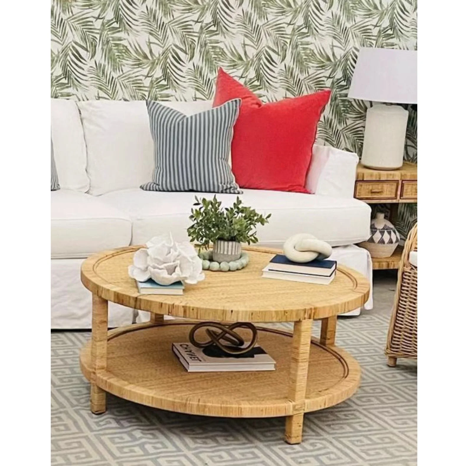 Hand Crafted Mid Century Folded Natural Color Antique Round Dining HAYES Coffee Table with Rattan Wood Plywood