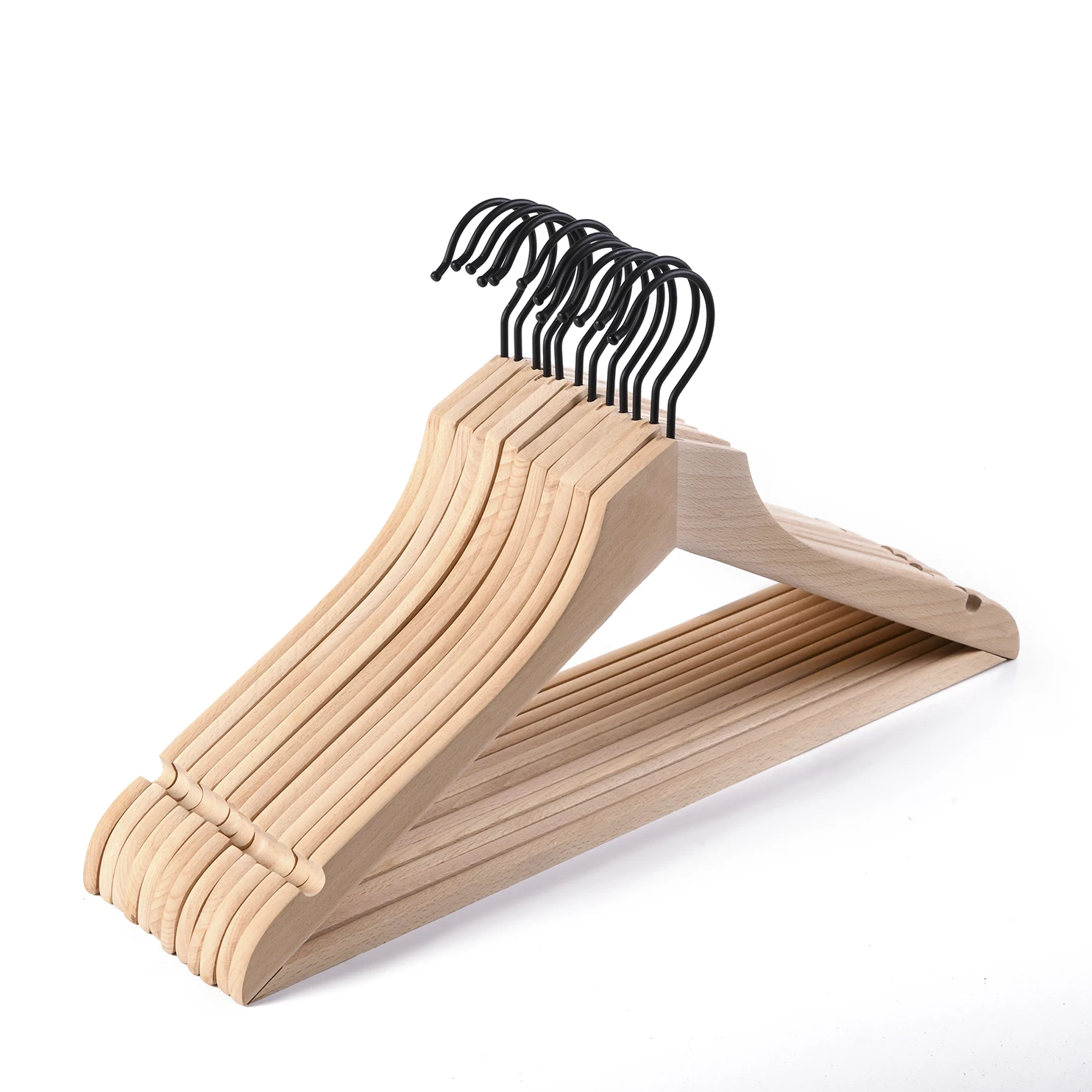 Manufacturer Thin Smooth No Paint Beech Wood Hangers Slim Wooden Cloths with Pant Bar