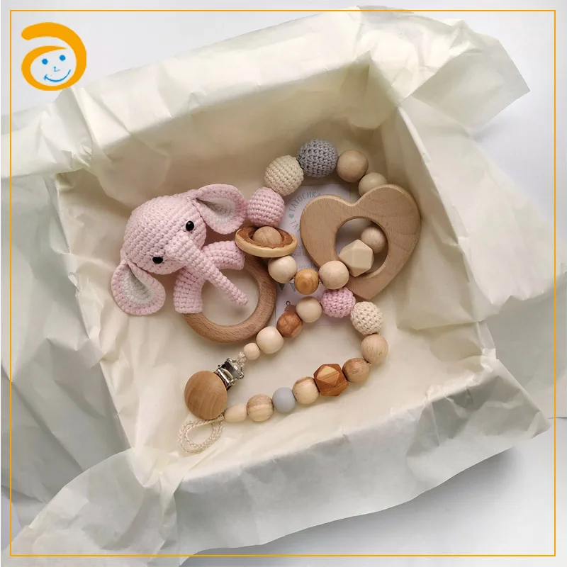 Amigurumi Elephant crochet teething rattles wooden pacifier clip autism sensory toys