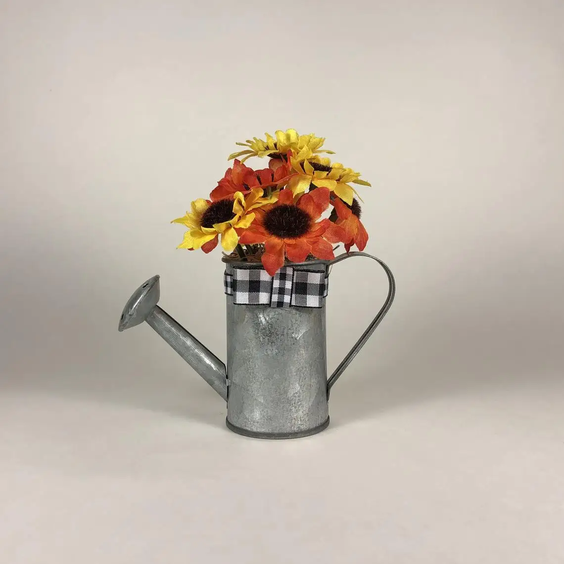 Galvanized Watering Can Summer Flowers Buffalo Check Floral Decor Farmhouse Rustic Primitive Home Decor