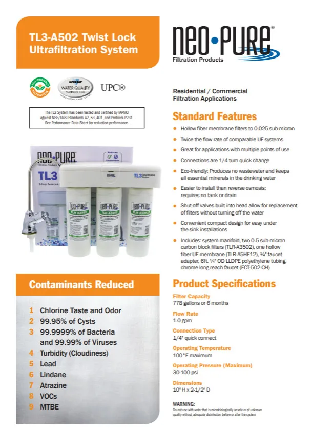 Fresh Water Systems Neo-Pure TL3-A502 Ultrafiltration System - Chrome Faucet Industrial Filtration System Twist Lock Cartridges