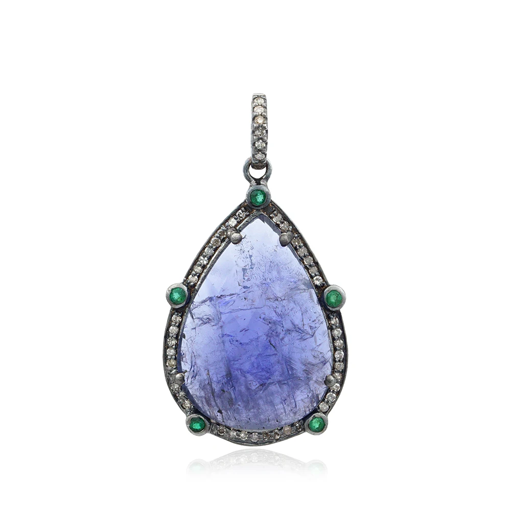 Pear Shaped Tanzanite Gemstone Oxidized 925 Silver Pave Diamond Designer Emerald Pendant Jewelry Wholesale
