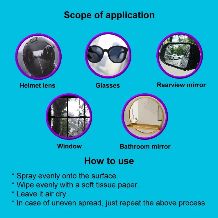 Helmet lens Anti fog spray Mist Prevention Solution Suitable for mirrors glass