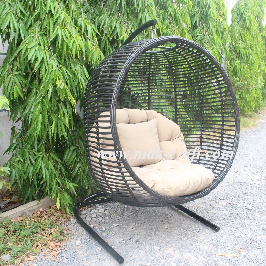 
Synthetic bamboo fiber patio outdoor garden wicker rattan hanging apple swing chair furniture cream cushion fabric iron frame 