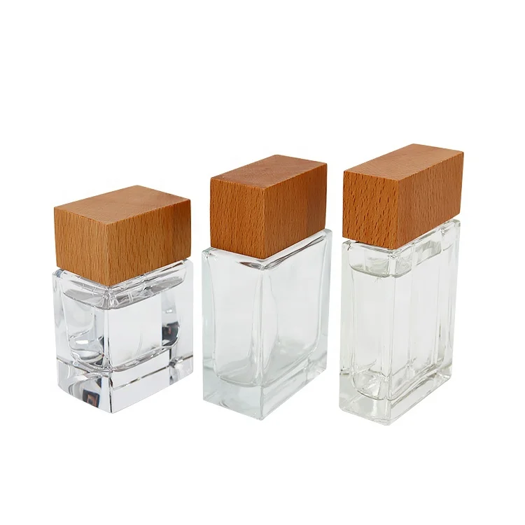 Vietnam new design beech wood glass perfume bottle wooden caps varnish natural wooden lid glass jar square glass perfume lid