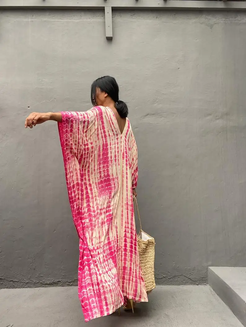 2022 Summer Spring Tie Dye Kaftan V-Neck Pink Color Long Sleeve Summer Kaftan Beach cover Up Kaftan Maxi Dress