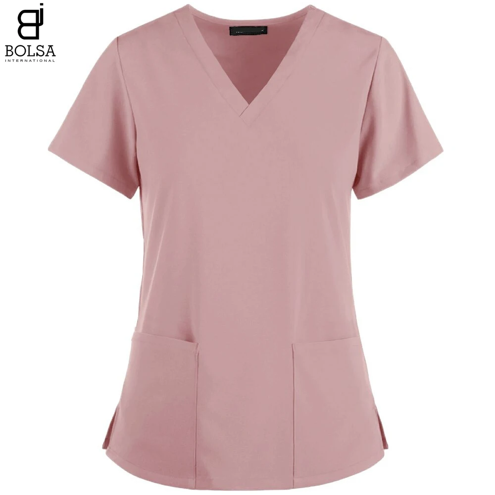 
New Short Sleeve V-Neck Pocket Care T-Shirt Tops Summer Workwear Tops Elastic and Breathable Doctor Scrub Uniform 
