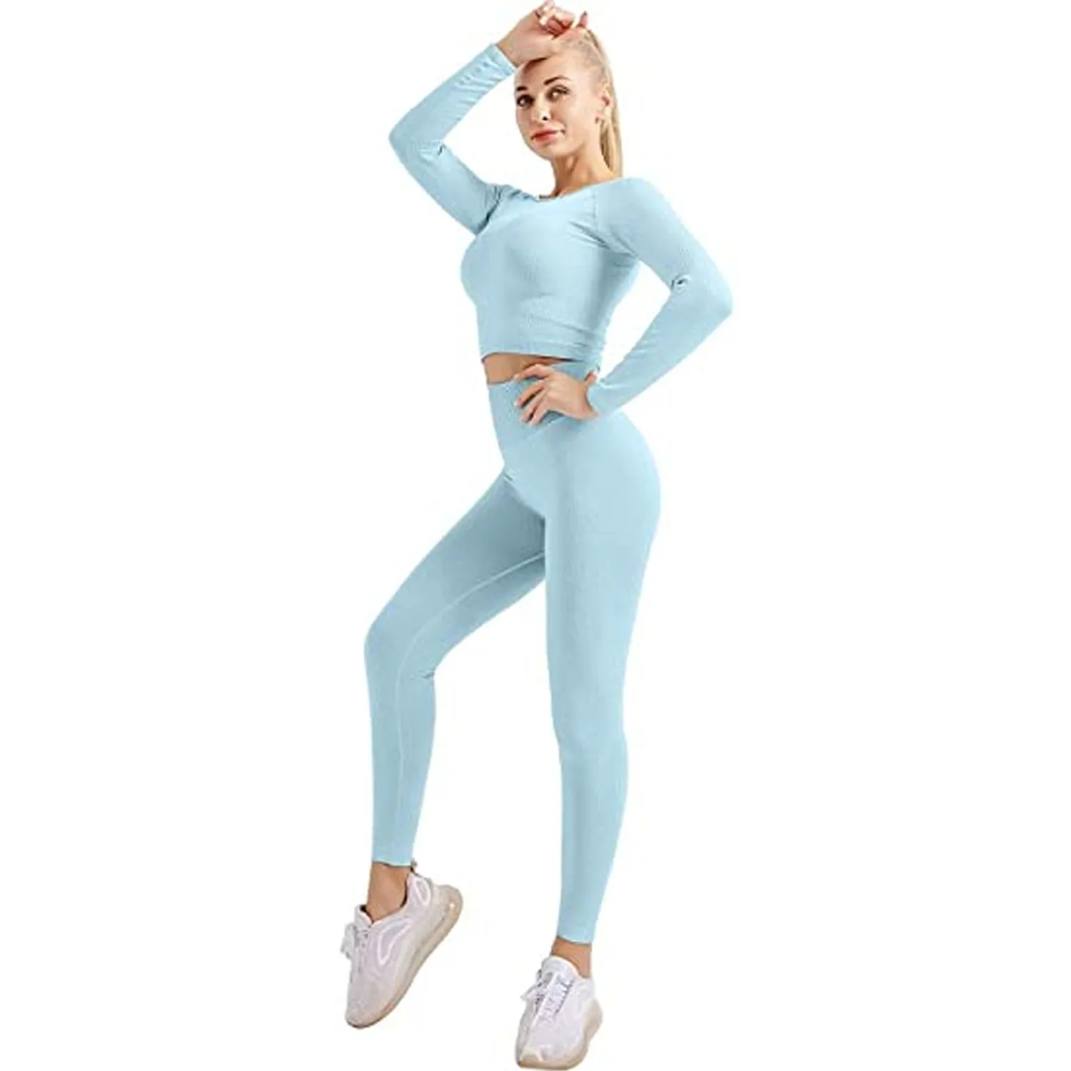 
Wholesale High Waist Gym Mesh Long Sleeve Yoga Sets Sport Leggings and Top Gym Sets For Women 