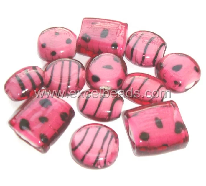 
White Heart Glass Beads Striped and dotted beads - Hand made Lamp Work Glass Beads 