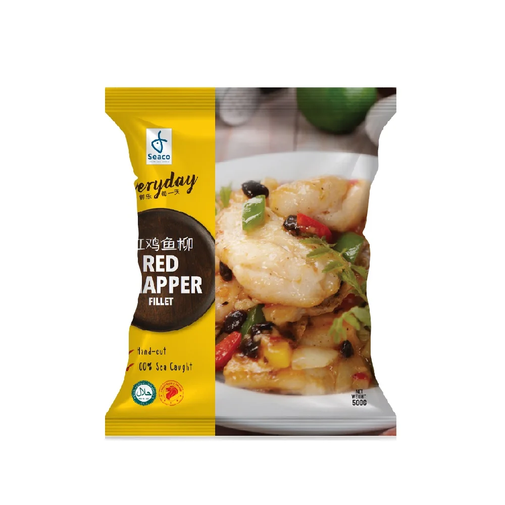 Best Food Grade Lutjanus Erythropterus (60-100 gm/pc) Colour Bag 500 gm/pkt Seaco Frozen Red Snapper Fillet