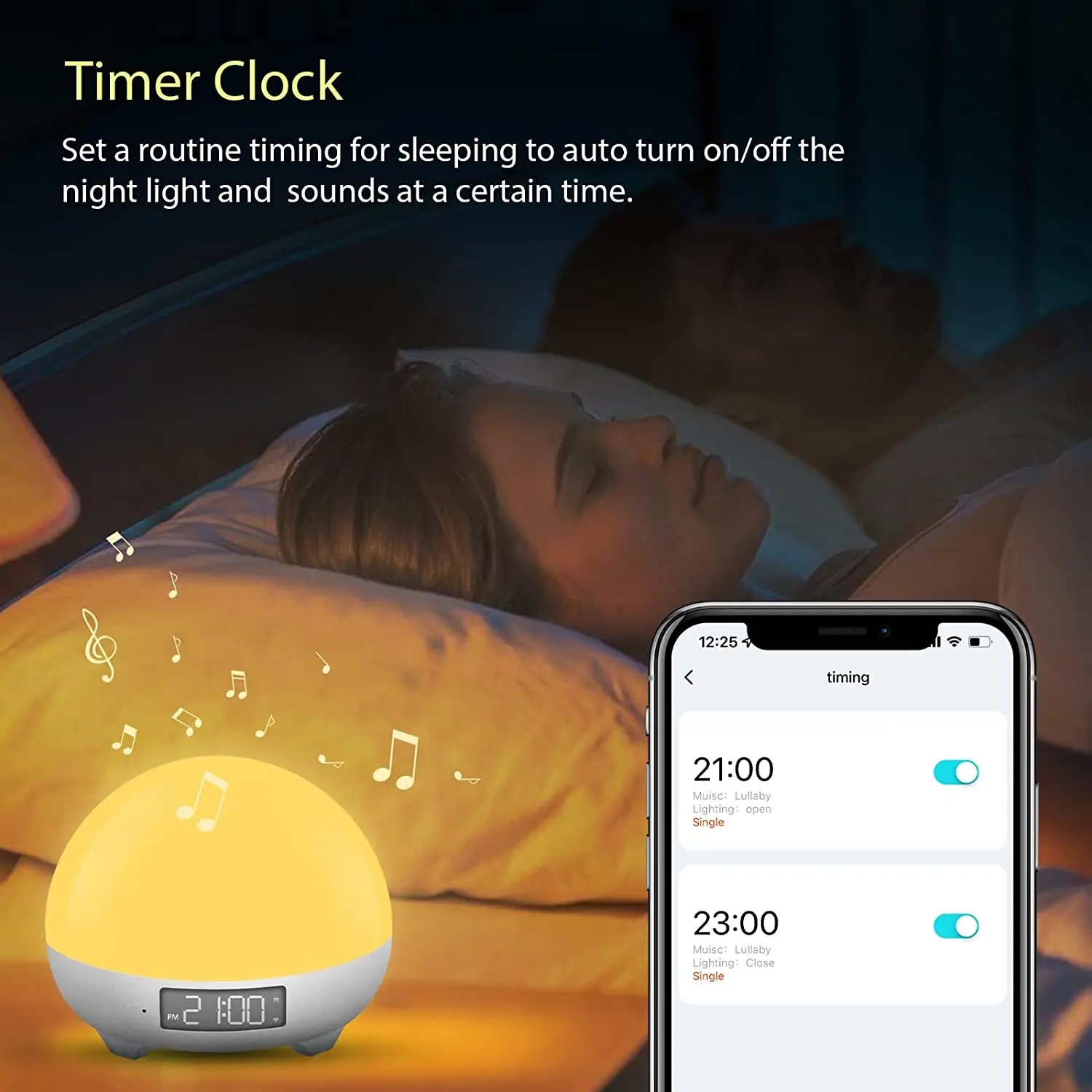 Portable Smart White Noise Baby Night Light with Alarm Clock, App control to define your own personal sleep routine