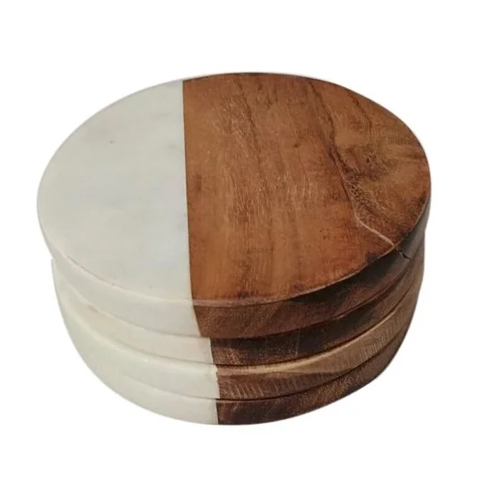 good Custom Round Wood and Marble Tea Coaster Manufacturer and Exporter Handmade Design White Marble and Acacia Wood Tea Coaster