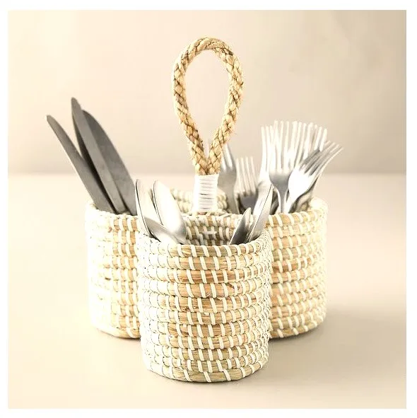 Seagrass utensil caddy rattan cutlery basket kitchen storage organizer holder