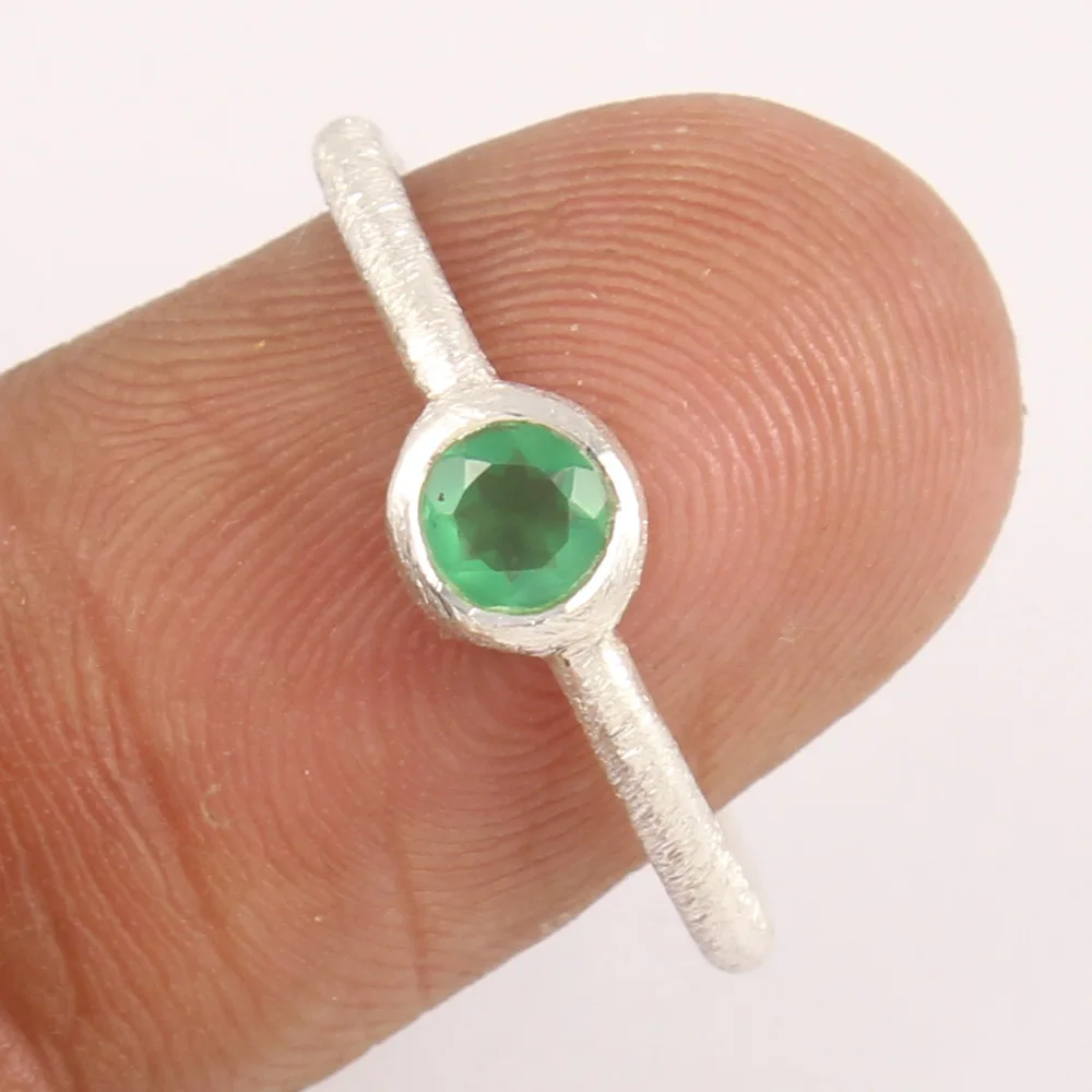 Top Most Genuine Green Onyx 5 mm Round Shape Gemstone Silver Ring Bezel Setting 925 Sterling Silver Girls Women Gift