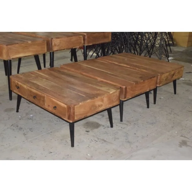 Solid Acacia Wood 2 Drawer Art Deco Style Modern Luxury  Drawing Room Lounge Waiting Room Cafe Living Room Coffee Table