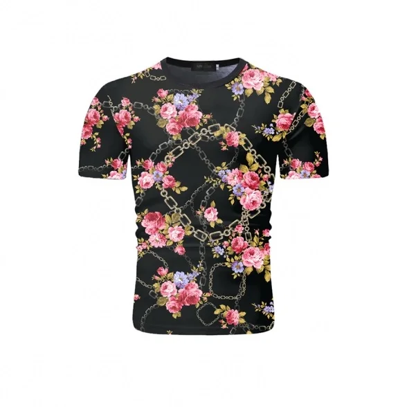 Футболка мужская из 100% хлопка с цветочным принтом круглым вырезом и коротким рукавом