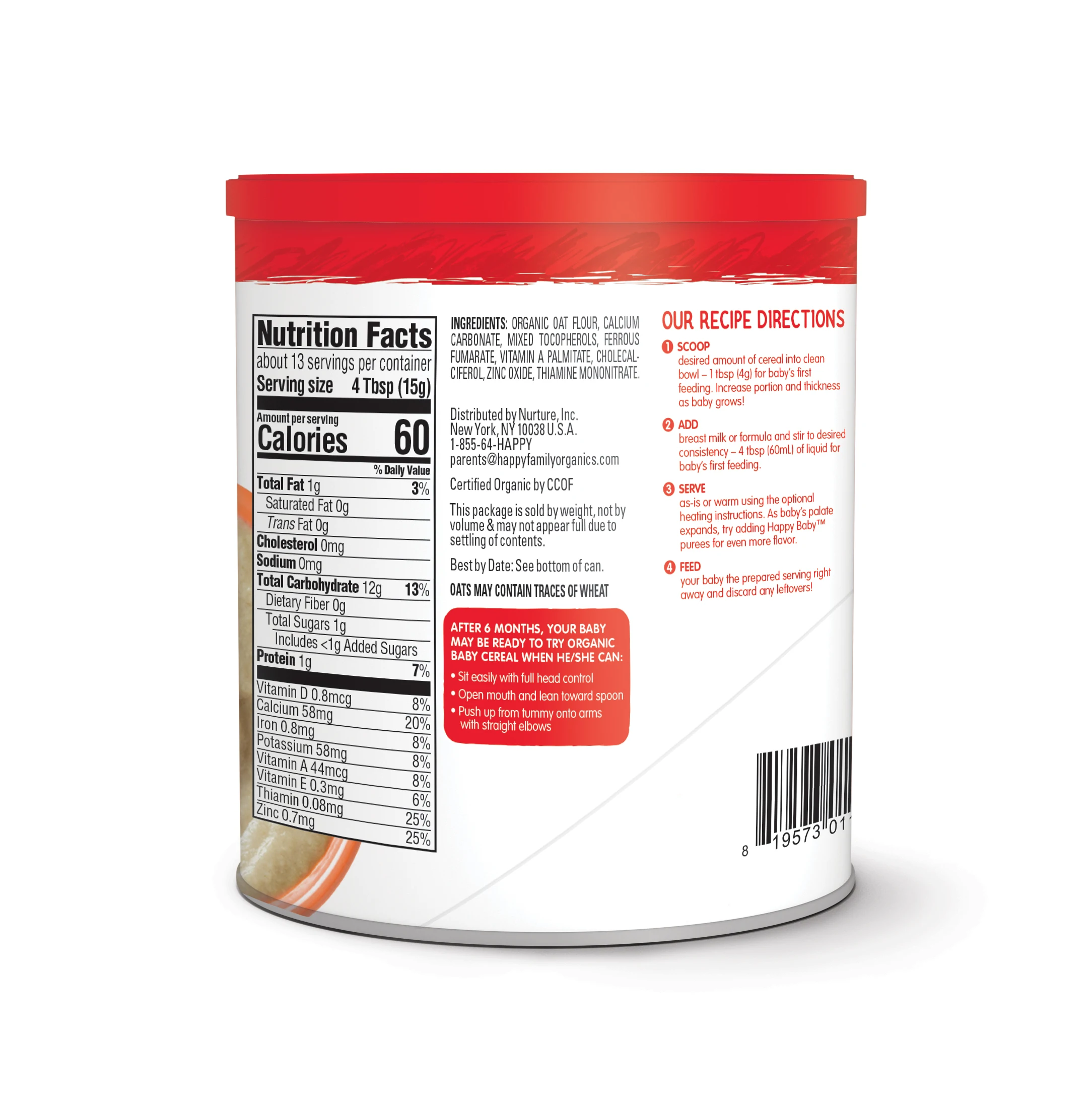 
Happy Baby Organic Baby Cereal Oatmeal with Iron and Choline Support Baby Brain Development 