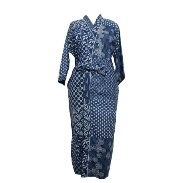 Handmade Cotton Indigo Blue Abstract Printed Maxi Dress Long Kimono Ethnic Indian Bathrobe Sleepwear