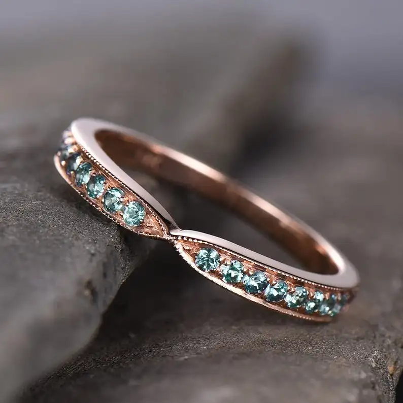 Alexandrite Ring Curve Wedding Band Chevron Sterling Silver Eternity Stacking V June Birthstone Rose Gold Plated